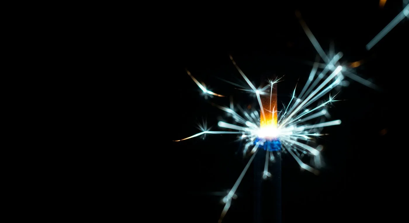 A lit sparkler throwing white sparks with a glowing orange and blue burning tip against a black background