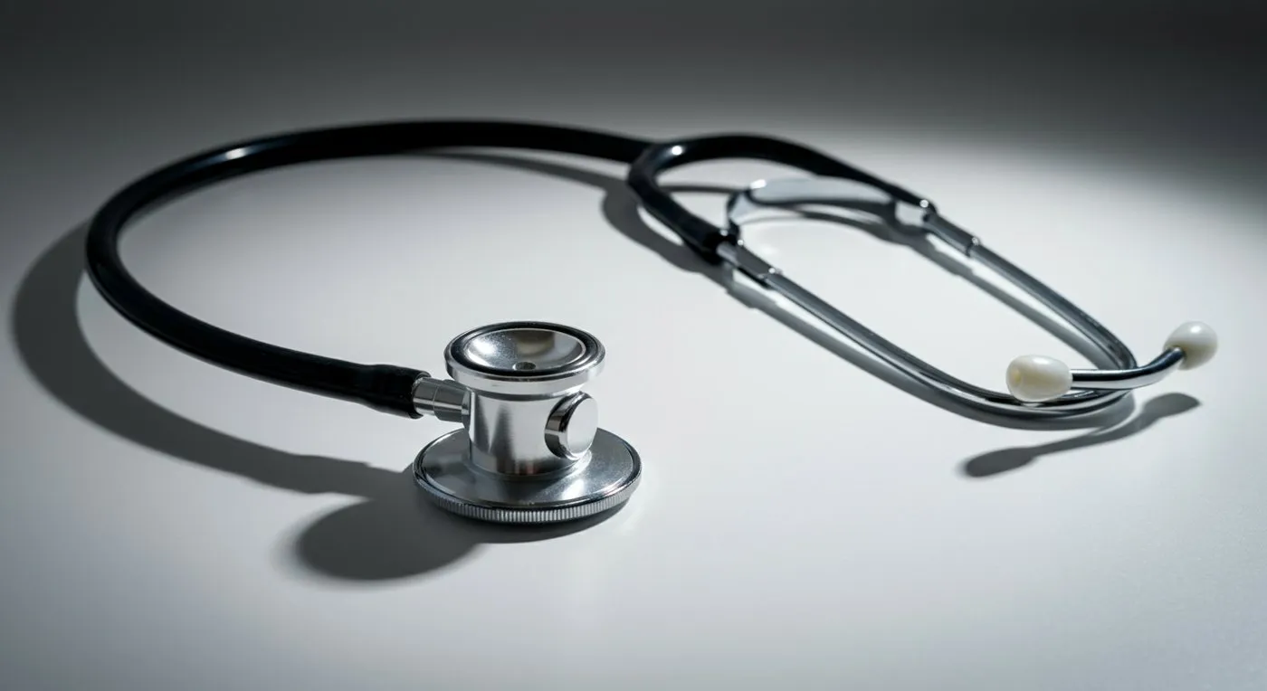 A chrome-and-black acoustic stethoscope lying on a softly lit pale grey surface