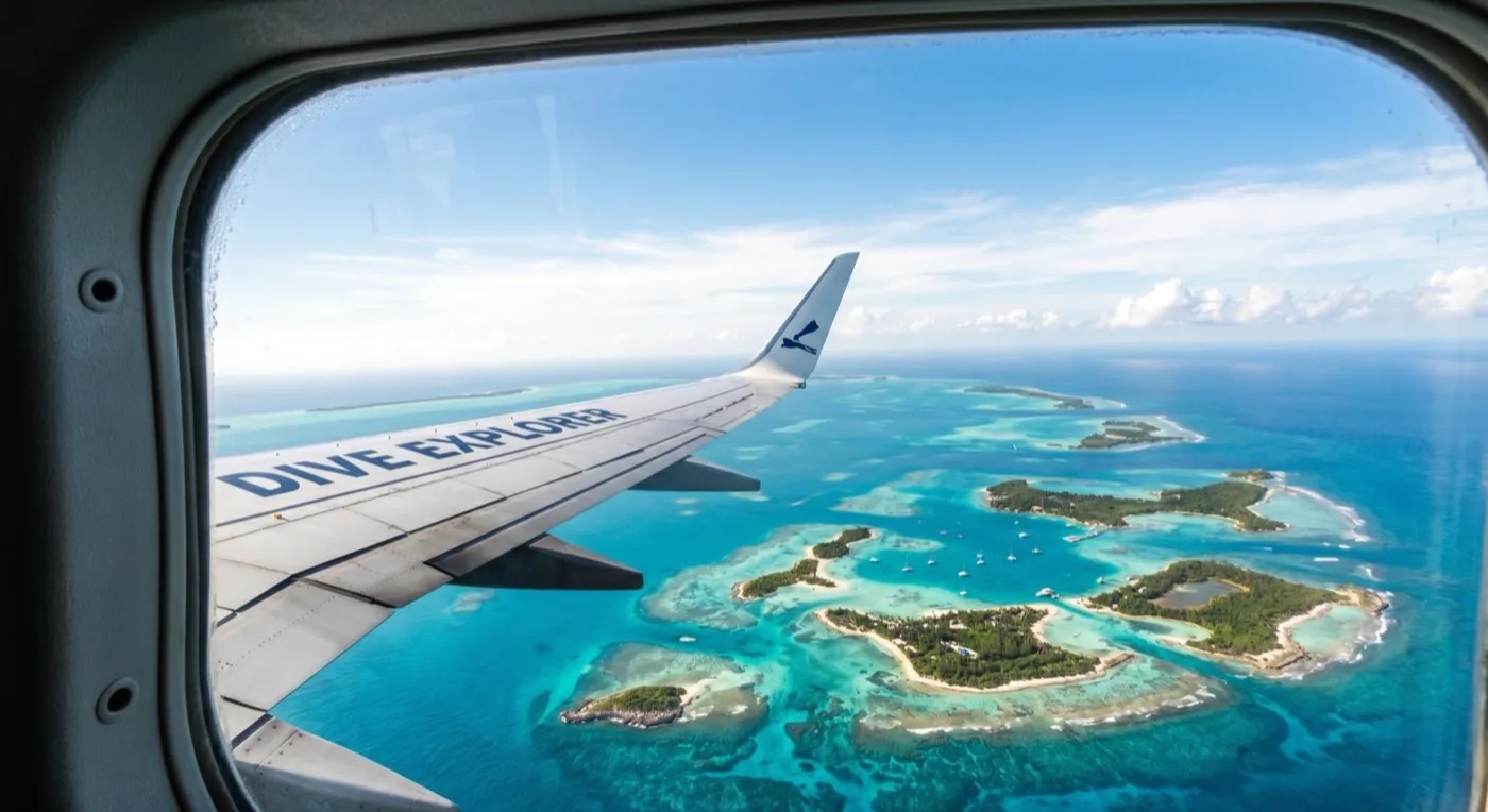 View from an airplane window over a bright tropical turquoise sea dotted with coral islands, the wing visible