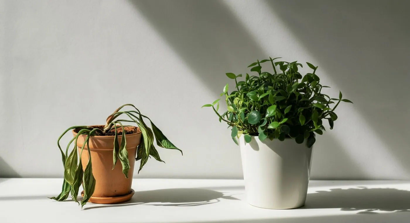 Two potted plants in sunlight, a wilting, drooping plant in a terracotta pot beside a healthy, full green plant in a white pot