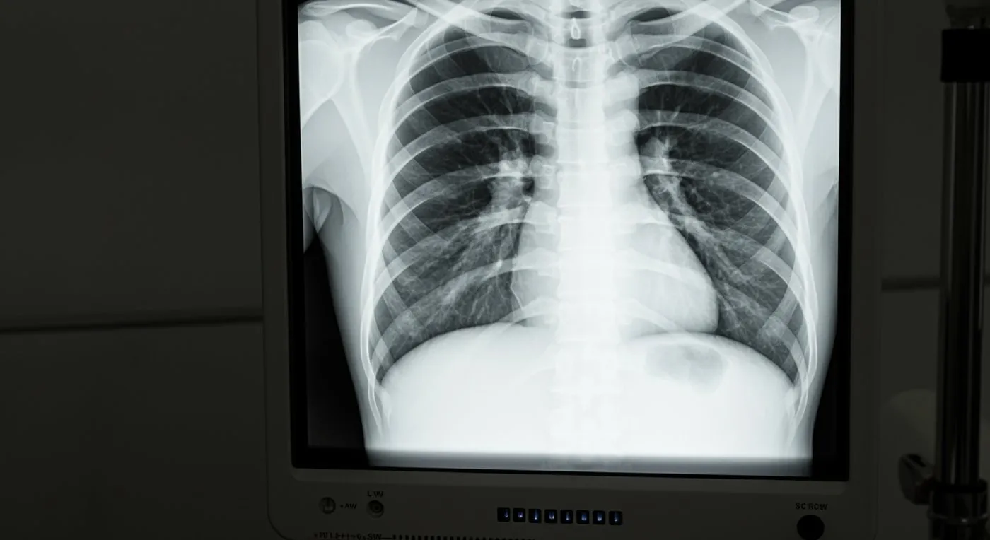 Chest X-ray showing the ribcage, spine and both lungs displayed on a backlit medical viewing monitor in a dim room