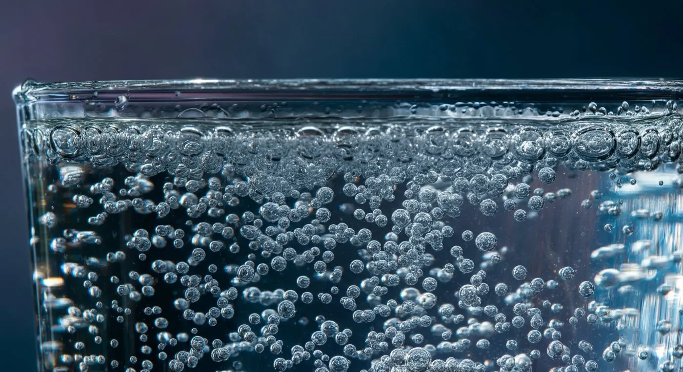 Macro close-up of a glass of carbonated water, tiny gas bubbles clinging to the inside surface and rising through the liquid