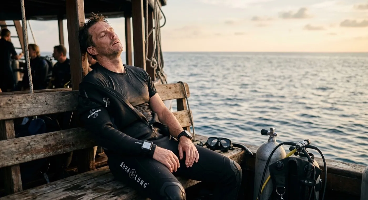 An exhausted scuba diver in a black wetsuit slumped back on a dive boat bench at sunset, eyes closed, with a tank and mask beside him and calm sea behind