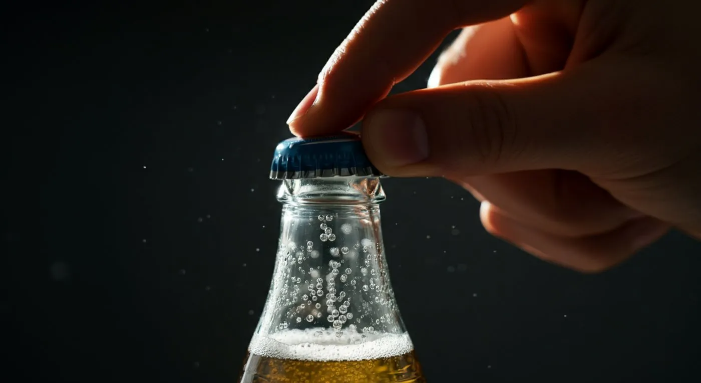 A hand prising the cap off a fizzing glass soda bottle against a dark background, carbonation bubbles rising inside the neck, the decompression analogy