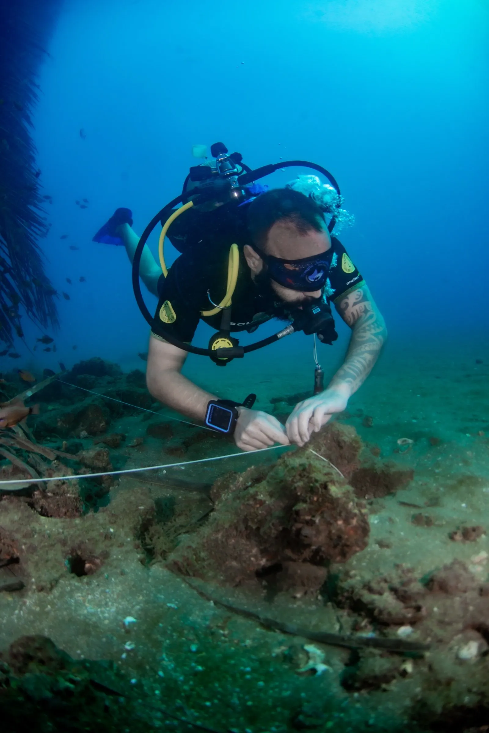 Student running a reel line low across a rubble seabed