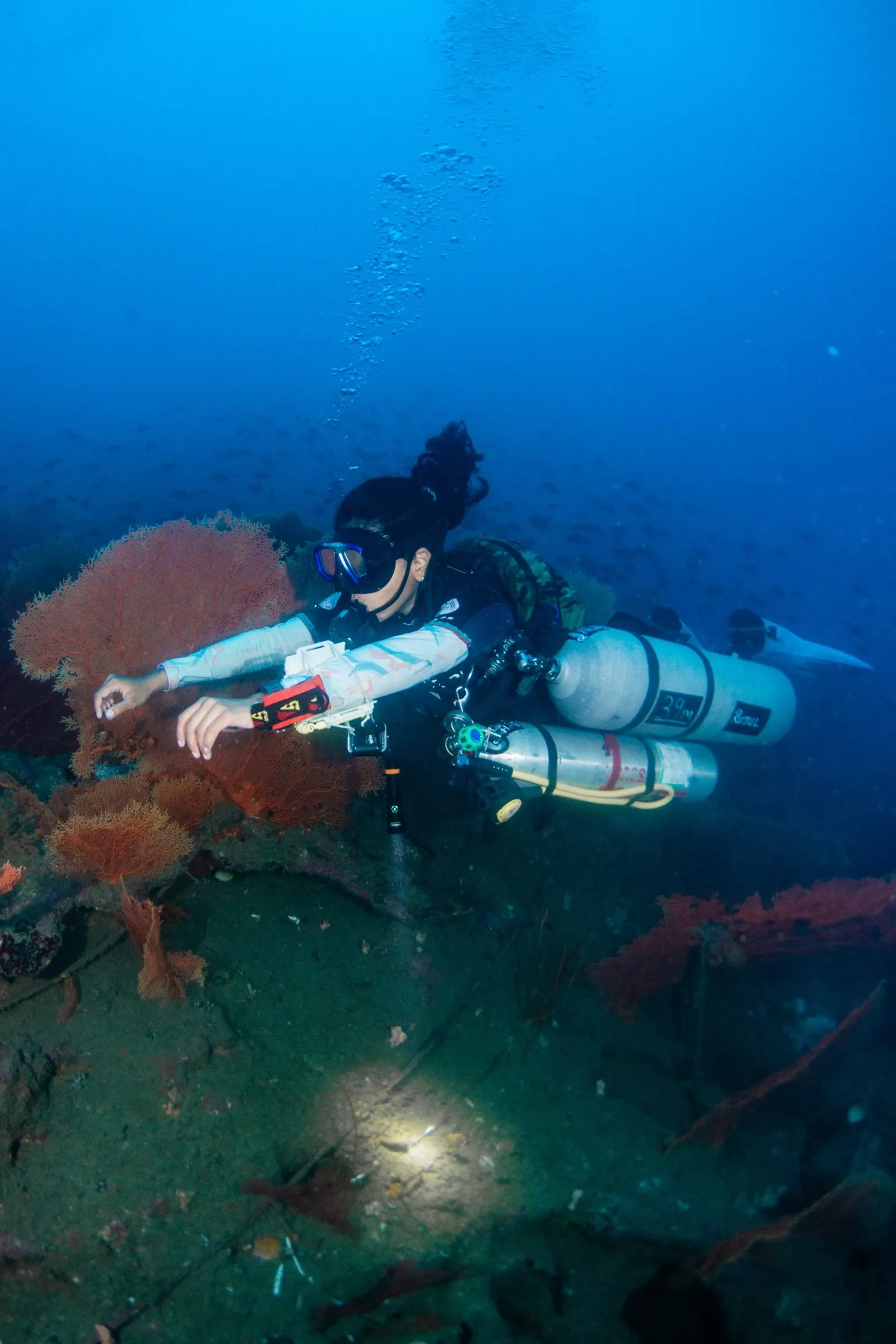 Sidemount diver with two side-mounted cylinders and wrist computers, in flat trim along a deep reef