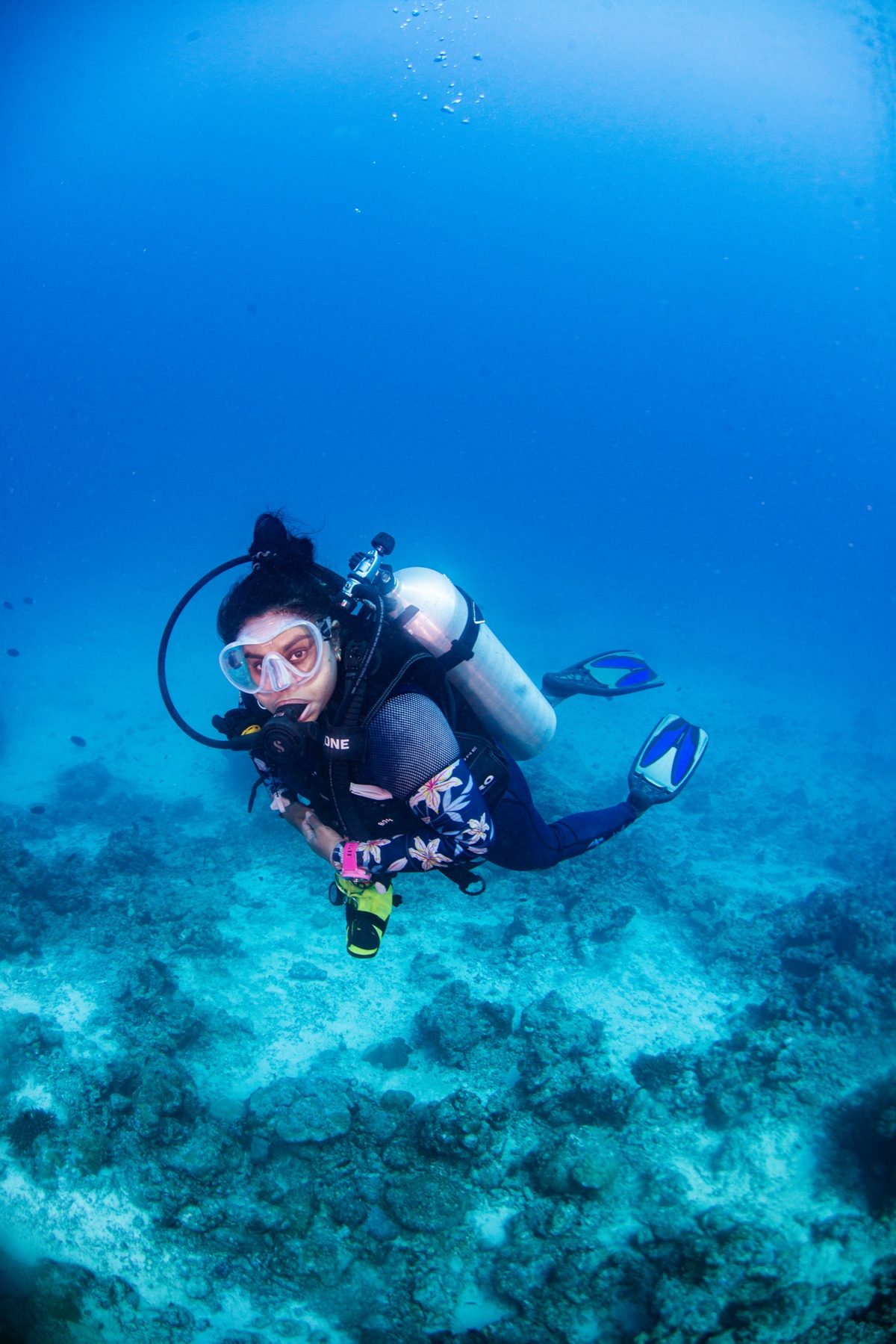 Diver hovering above a coral reef in bright blue water, single back-mounted cylinder, looking toward the camera