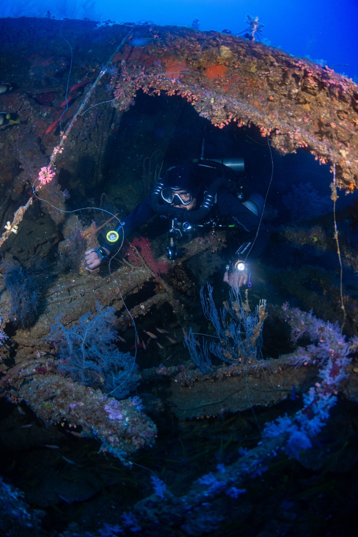 Diver with reel and lit torch inside an encrusted wreck opening